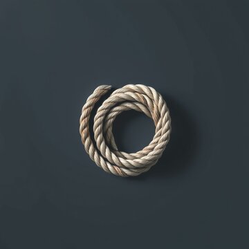 A natural fiber rope coiled neatly in a circular shape casting a subtle shadow on a dark gray minimalist background shot from a top-down perspective