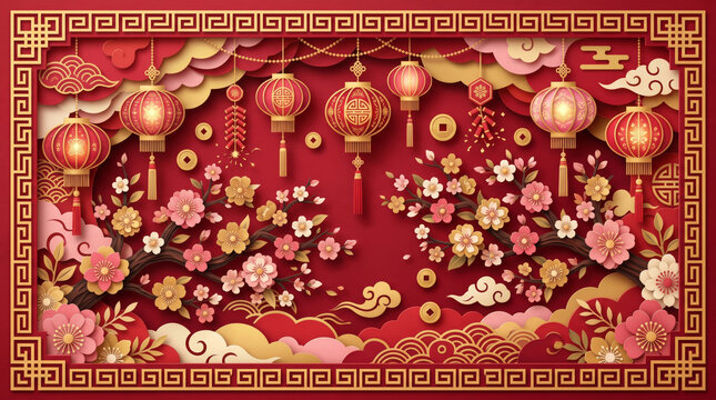 Chinese New Year festive banner with lanterns cherry blossoms gold coins and traditional paper art decorations