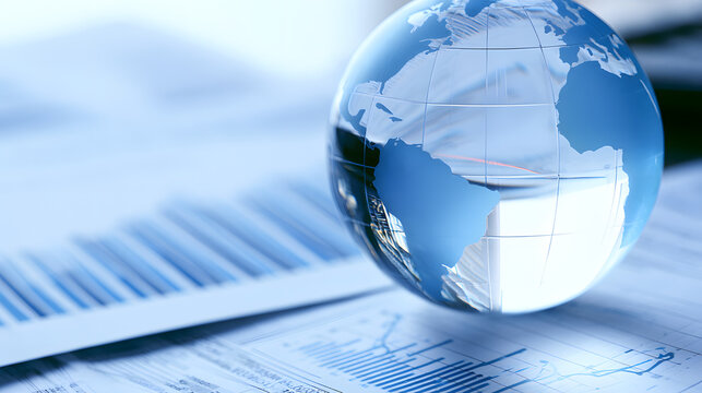 A translucent sphere bearing blue landmasses resides atop pages adorned with bar charts and graphs, hinting at global commerce or financial assessments