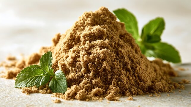 Heap of natural brown powder such as a spice or herbal supplement with fresh mint leaves perfect for health wellness and culinary applications