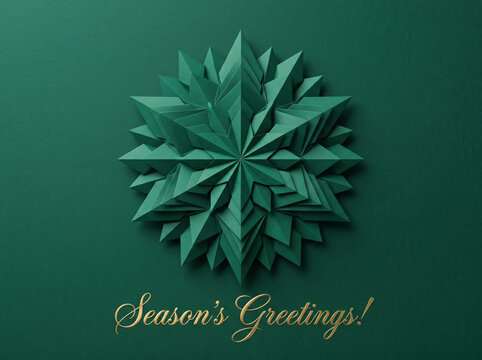 Elegant green paper snowflake origami decoration with gold Seasons Greetings text on dark green background