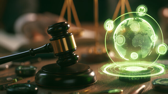Conceptualizing environmental justice and global law, we incorporate a judge's gavel, scales of justice, a gleaming digital globe radiating green, and sustainability icons for ESG compliance and clima