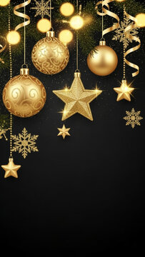 Gold glitter Christmas ornaments stars and snowflakes hanging from pine branches with gold ribbons on dark black background