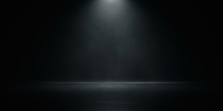 Dimly lit stage area with overhead spotlight beam dark room light empty interior illumination background dramatic atmosphere presentation backdrop abstract