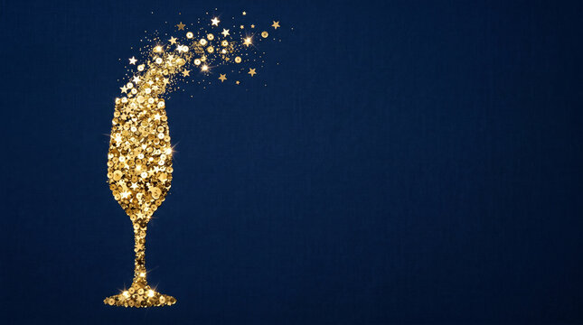 Gold glitter champagne flute with sparkling stars on dark navy blue background for New Year celebration
