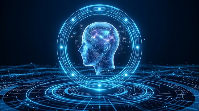 Human head silhouette inside a glowing circular interface with digital brain connections on dark blue