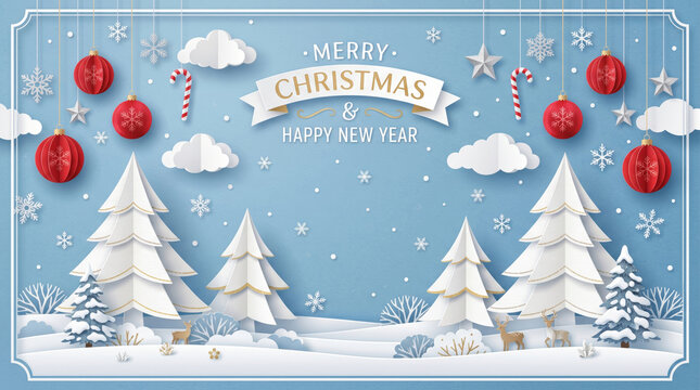Merry Christmas and Happy New Year paper art winter scene with white trees red ornaments reindeer on blue background