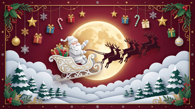 Paper art Santa Claus flying sleigh with reindeer over full moon winter night sky gifts holly on red background