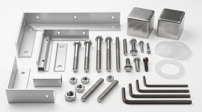 Industrial hardware components set including metal angle brackets, heavy hex bolts, threaded rods, nuts, and hex keys on white.