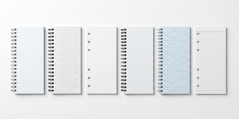 Vertical notepad pages and spiral notebook sheets arranged in a row with paper sheet lined grid memo pad writing school supply office white backgroun © jr graphics