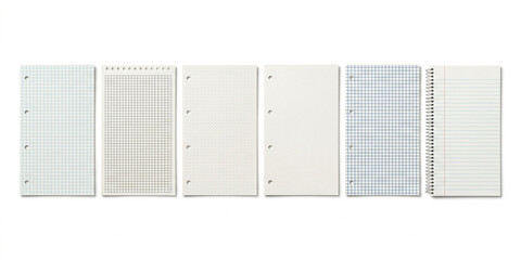 Set of loose leaf notebook paper sheets with various grid and lined patterns sheet writing white background stationary education collection template business corporate © jr graphics