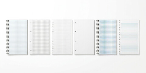 Binder paper collection showing grid lines and plain white sheets with loose leaf lined notebook page writing background punched holes ring stationary education © jr graphics