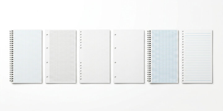 Binder paper collection showing grid lines and plain white sheets with loose leaf lined notebook page writing background punched holes ring stationary education