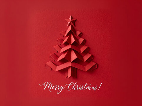 Red paper origami Christmas tree with star and Merry Christmas text on red textured background greeting card