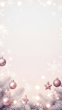 Rose gold and mauve Christmas ornaments with glitter stars on frosted silver pine branches snowflakes on blush background