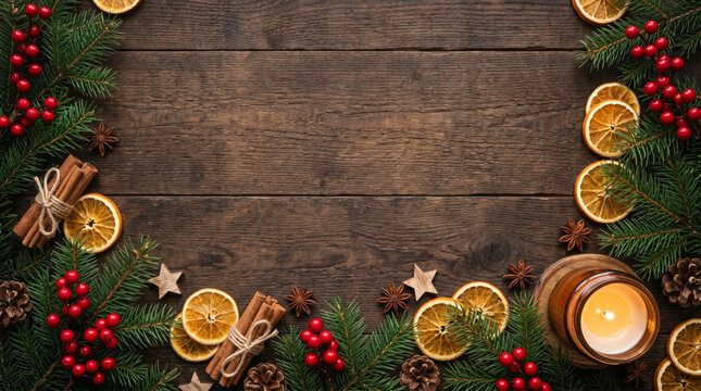 Rustic Christmas flat lay frame on wooden table with fir branches cinnamon orange slices berries and candle