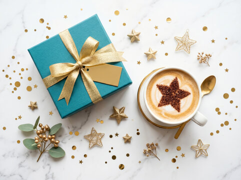 Turquoise Christmas gift box with gold ribbon and festive cappuccino cup on white marble background top view