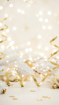 White and gold Christmas baubles with gold spiral streamers on snowy fir branches and bokeh lights background copy space