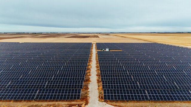 Aerial view of a solar farm with rows of photovoltaic panels separated by a dirt path, set within a vast agricultural landscape under an overcast sky in Utrine, Vojvodina, Serbia.