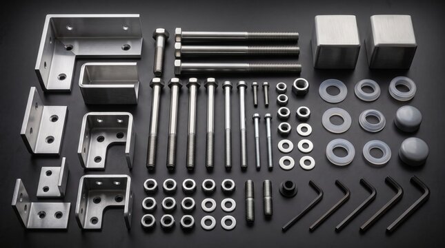 Precision mechanical metal parts and construction fasteners, including angle brackets, heavy hex bolts, and nylon washers arranged on black.