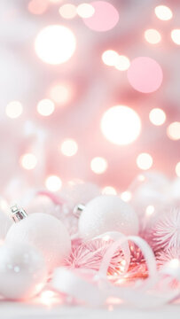 White Christmas ornaments on pink frosted pine branches with soft pink pastel bokeh lights background copy space