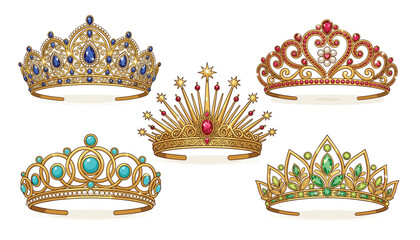 Luxury golden tiaras and royal crowns vector elements set with detailed jewels diamonds rubies emeralds and sapphires © raju