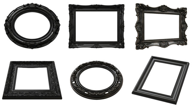 Black ornate baroque picture frames in oval, round and rectangular shapes with carved scrollwork on transparent background.