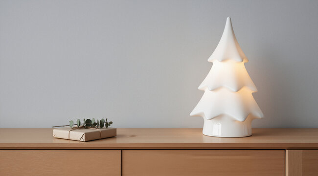 Serene minimalist scene with a white ceramic Christmas tree on a light oak table. Simple gift with eucalyptus. Clean, Scandinavian, and peacefully modern holiday decor.
