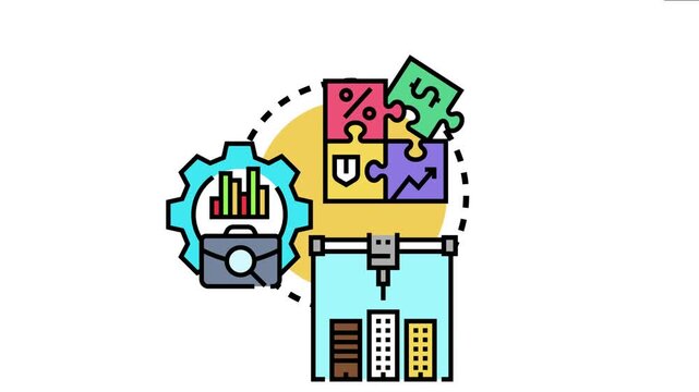 Vector depicting an aligned business blueprint combining elements of financial strategy, puzzle solving innovation, and structured engineering for successful project development