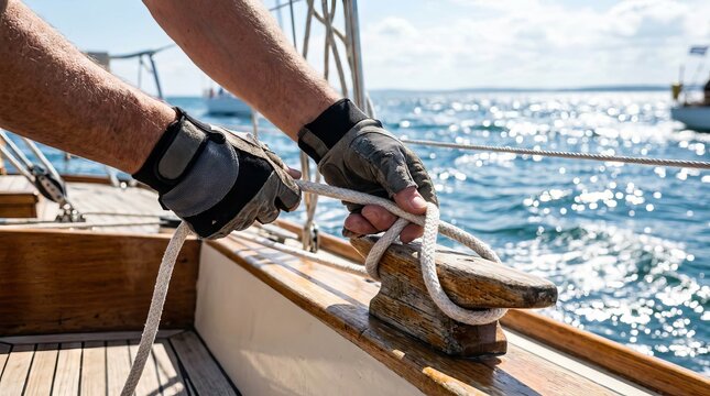 Sailor hands tying rope to wooden cleat on sunny sailboat deck