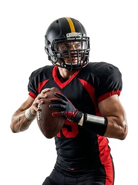 American football player in full uniform preparing to throw the ball on white background