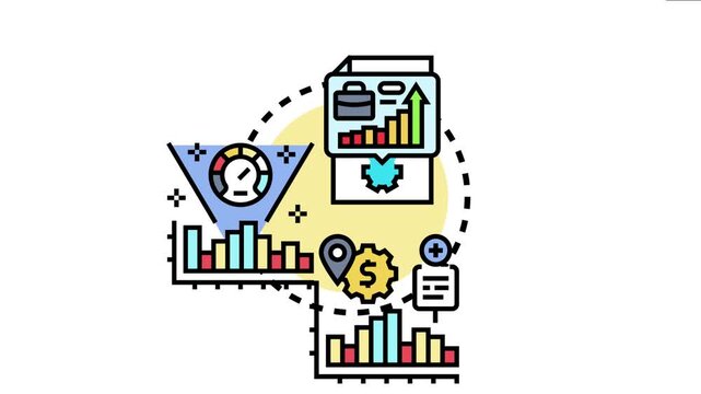 Performance analytics tracking system collecting business data, optimizing results, and monitoring key metrics through various visualizations including charts and a speedometer