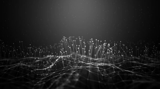 An abstract digital network of glowing dots and connecting lines. The monochrome composition creates a sense of three-dimensional space, data transmission, and complex element interconnection.