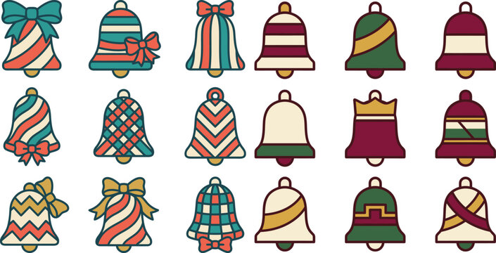 Set of eighteen decorative Christmas bells with various patterns and colorful bows in a charming flat festive illustration style
