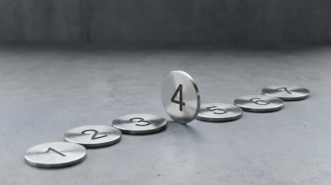 Metal discs with numbers one through seven arranged on a concrete surface