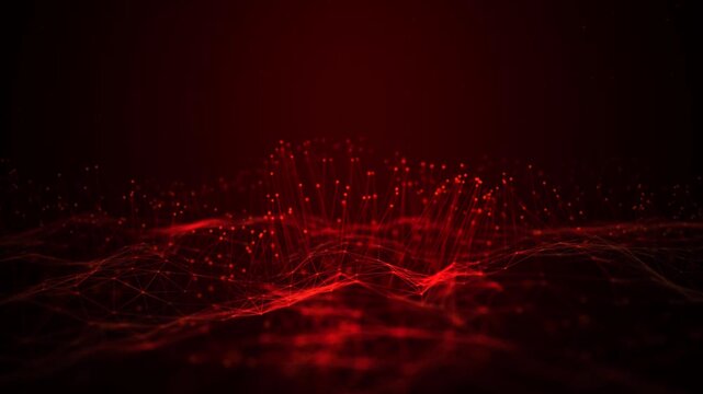 An abstract animated polygonal space with vibrant lines. A futuristic digital landscape composed of thin glowing lines, nodes, and numerous bright points. Suitable for themes related to science, innov