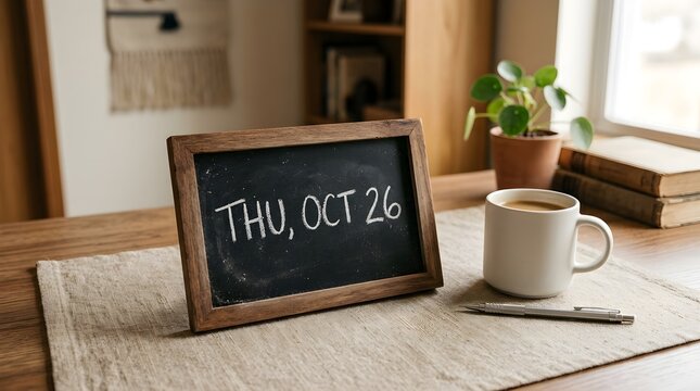 A wooden framed chalkboard displaying the date thursday, october 26th on a desk with a coffee mug and pen