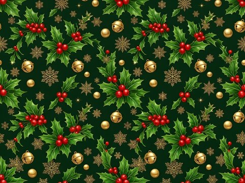Seamless christmas pattern with holly berries and golden bells