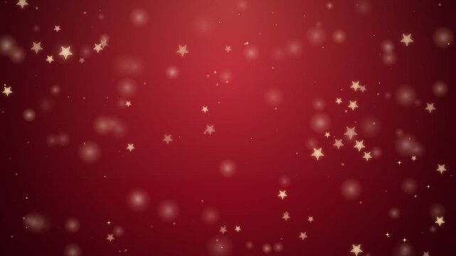 Golden Christmas Stars Confetti and Bokeh Lights Falling on Burgundy Red Background Motion Loop 4K