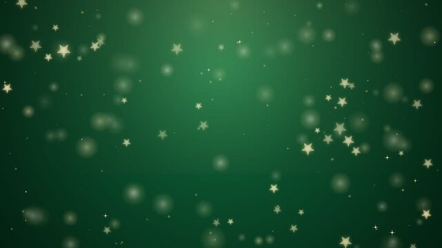 Golden Christmas Stars Confetti and Bokeh Lights Falling on Emerald Green Background Motion Loop 4K