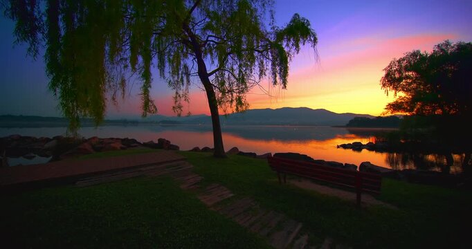 Fantastic sunrise landscape at the Cazzago Brabbia pier