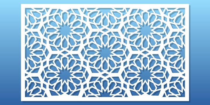 Islamic laser cut panel, traditional girih ornament. CNC cutting or engraving stencil. Geometry pattern design, arabian decorative wall art. Vector ilklustration