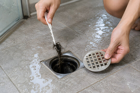 Hands removing hair from a shower drain with a cleaning hook