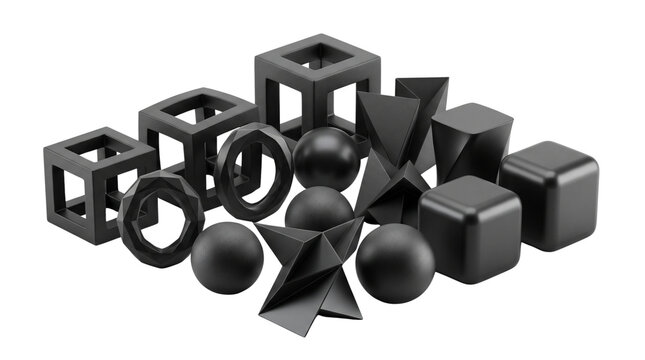 Abstract collection of matte black 3D geometric shapes including spheres cubes and pyramids arranged on a white background for modern design concepts