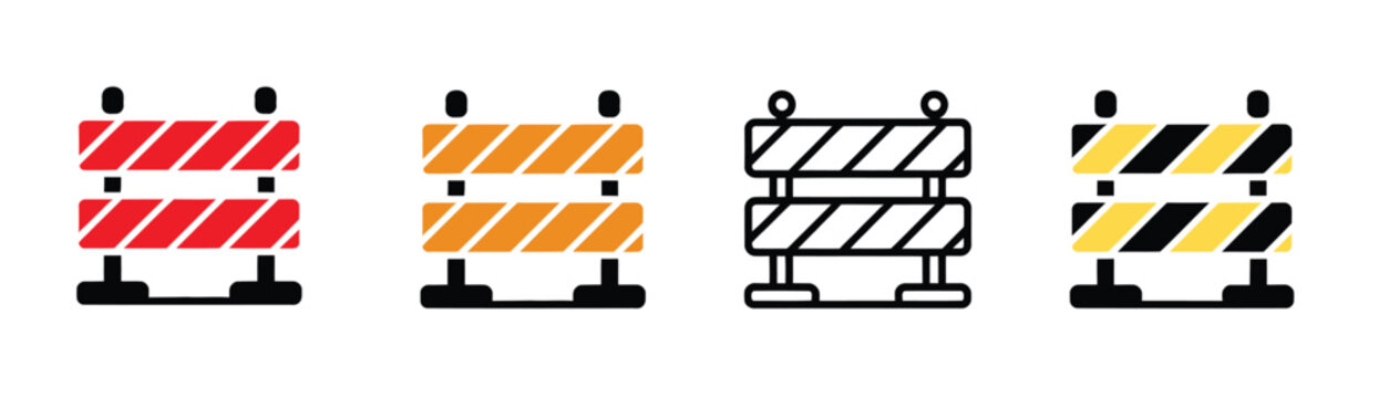 Road barrier icon. Striped barricade, detour fence, safety cone, and blocked path symbols in flat color and black line vector style for highway and city projects.