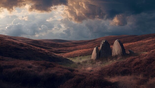 Surreal autumn landscape of rolling hills covered in rust-colored heather, a solitary ancient standing stone circle half-buried in wild grass