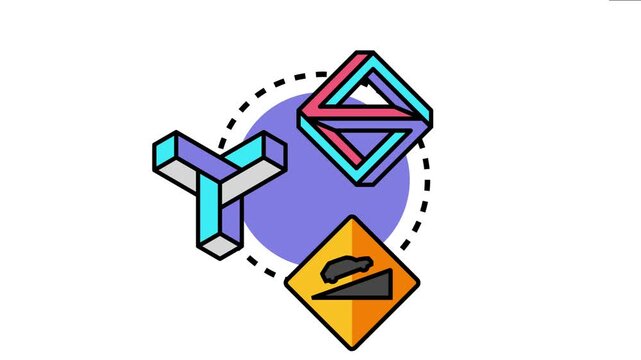 Perimeter obstacles concept displaying a challenging path with a danger sign. An impossible shape. And an abstract structural block symbolizing restricted movement and complex boundaries