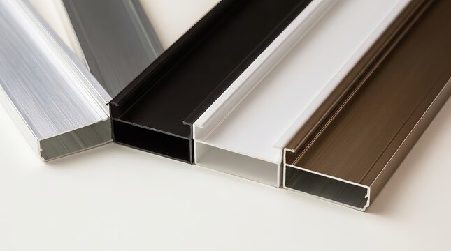 Close up detail of multi-colored aluminum frame profiles highlighting different anodized and powder-coated surface finishes.