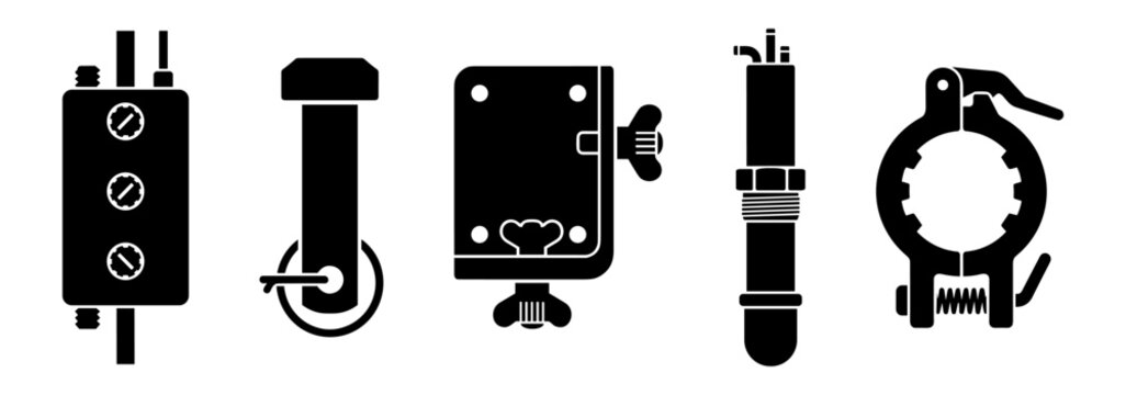 Mechanical industrial mounting brackets and pipeline clamping hardware silhouette icons set