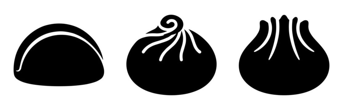Traditional Asian steamed dumplings and stuffed dough food silhouette icons set